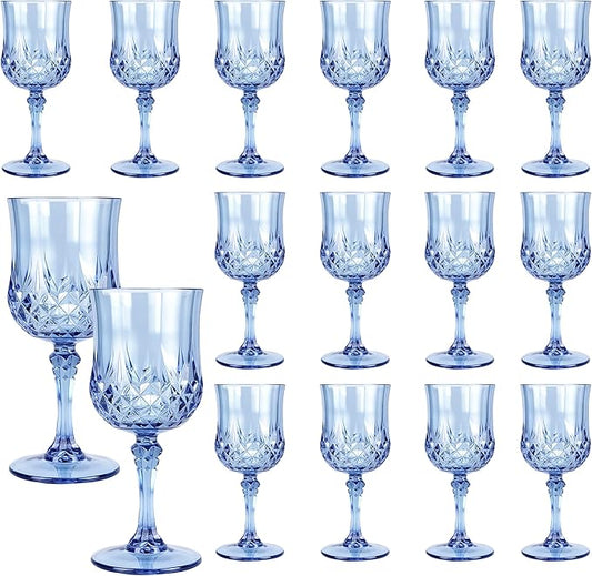 Plastic Wine Glasses, 10OZ Reusable Goblets Vintage Style Cordial Unbreakable Drinking Glasses for Wedding Reception, Grand Event Party Supplies (16, Blue)
