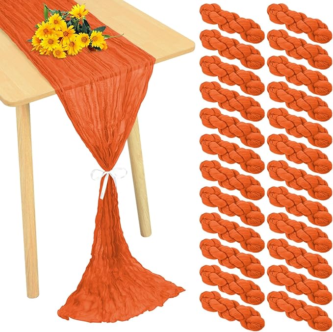 24 Pack Cheesecloth Table Runner 20 x 120 inch Cheese Cloth Table Runner Bulk,Romantic Boho Sheer Gauze Fabric Table Runners for Wedding Reception,Party,Bridal Shower Table Decor(Orange)