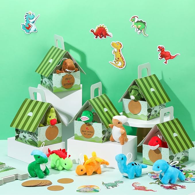 Spakon 72 Pcs Adopt a Dinosaur Party Favors for Boys and Girls Includes 12 Sets Mini Dinosaur Stuffed Animals Plush Keychains Gift Box House Stickers for Birthday Party Favor