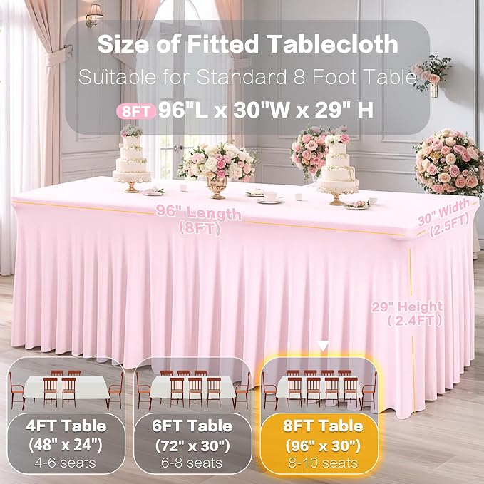 6 Packs Baby Pink Spandex Tableclothes for 8 Foot Rectangle Table, Spandex Table Covers 8FT Stretch Table Skirts Rectangle Wrinkle Free Fitted Table Cover for Event, Wedding, Banquet & Parties