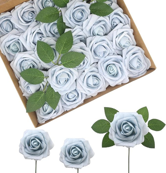 JOYLEX 50Pcs Powder Blue Artificial Flowers Realistic Roses, Real Looking Fake Roses with Stem for DIY Wedding Bouquets Centerpieces Bridal Shower Party Home Romantic Decorations (Powder Blue, 50pcs)