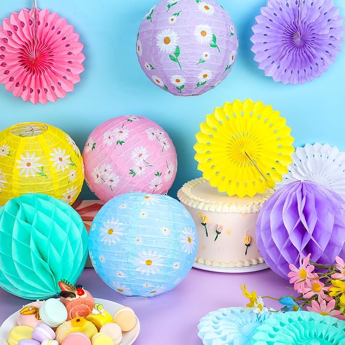Baquler 18 Pcs Spring Daisy Party Decoration Pastel Flower Floral Hanging Paper Lantern Wild Fans Honeycomb Ball for Wedding Bridal Shower Party Ceiling Decor Supplies