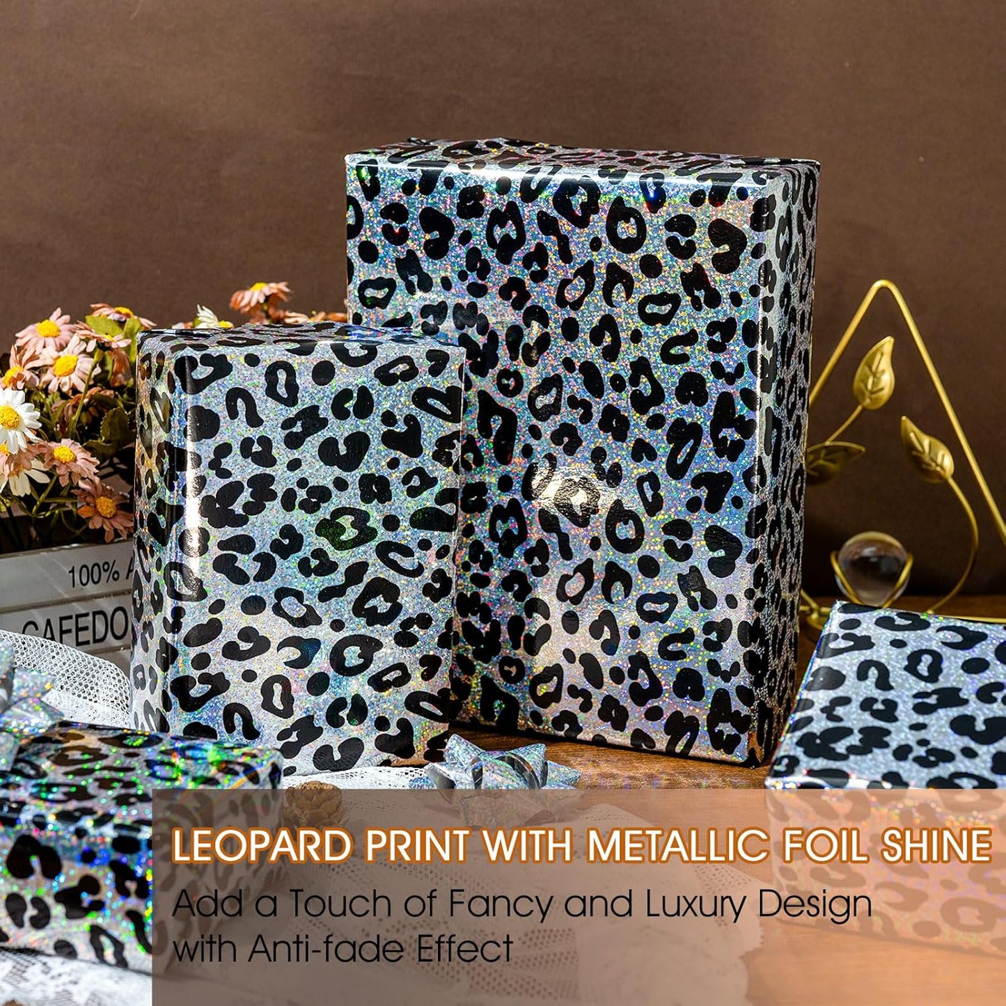 Yarcony Leopard Wrapping Paper Roll, Bold Animals Prints Wrapping Paper, Glitter Black White Cheetah Gift Wrap w/Metallic Shine for Birthday, Graduatios, Bachelorette, Christmas (17 Inch X 33 Feet)