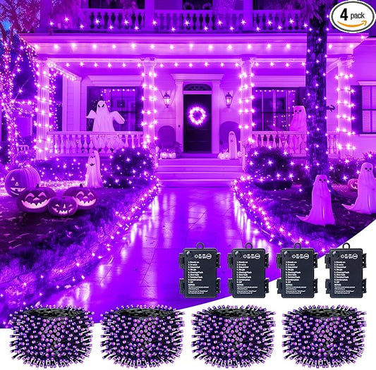Brightown Halloween Lights Outdoor Battery Operated, 4 Pack Total 132 FT 400 LED Battery Powered Fairy Lights with Timer,8 Modes,Waterproof Halloween String Lights for Indoor Bedroom Decoration,Purple