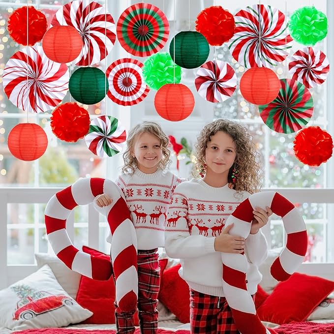 Outus 21 Pcs Christmas Hanging Paper Decorations Candy Peppermint Fans Red and Green Tissue Pom Poms Colorful Paper Lanterns for Christmas Holiday Party Supplies Classroom Ceiling Wall Decor