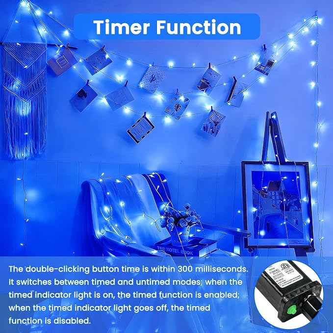 Connectable 2Pack String Lights Indoor, 66FT 200LED String Lights, 13Modes Twinkle Fairy Lights Plug in Outdoor Waterproof, Blue Clear Wire Light for Christmas Tree, Wedding Yard, Party Decor