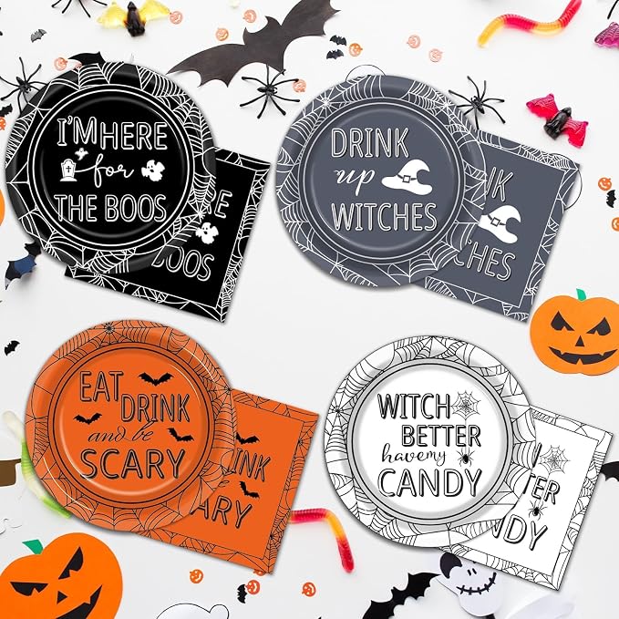 96 Pcs Halloween Party Decorations Halloween Paper Plates and Napkins Halloween Party Supplies Drink up Witches Hat Little Scary Spiderweb Boo Tableware Set for Halloween Disposable Decorations