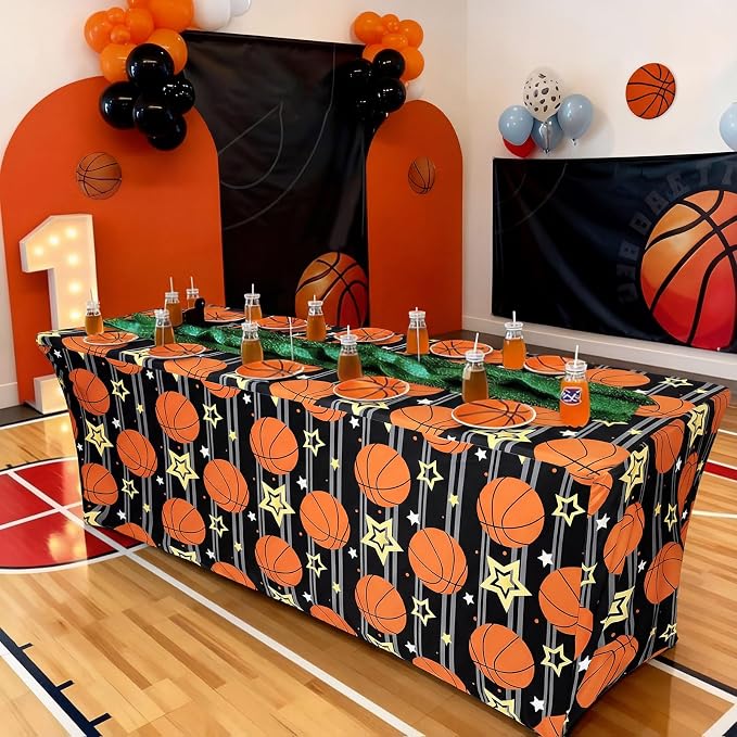 Frienda 2 Pcs Basketball Tablecloth Birthday Party Decorations Spandex Stretch 71 x 30'' Basketball Table Cloth Rectangle Table Cover for Sports Theme Birthday Party Supplies(Sports)