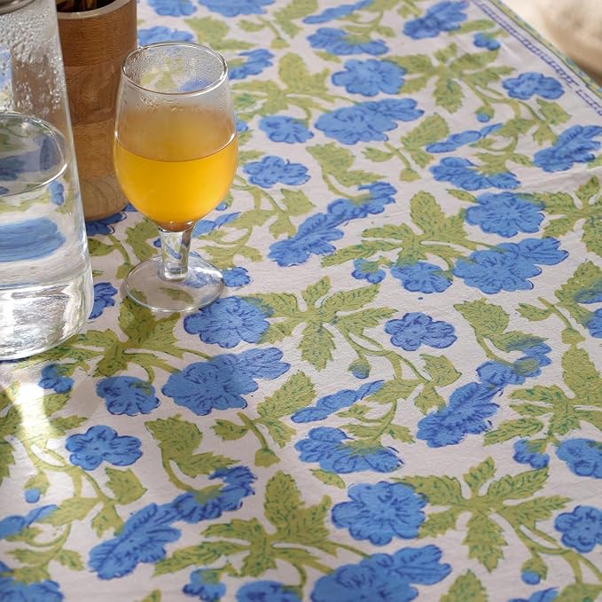 Hand Block Printed Tablecloth, Colorful Floral Print, Indian Artisan Handmade Art, Dining Room, Kitchen, Outdoor Décor, (Dusky Leaf Whisper, 8 Seater 72 x 108 Inches Rectangle)