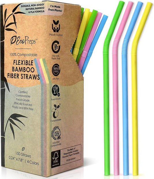 EcoPreps Colorful Biodegradable Flexible Drinking Straws | Bendable 150 Count, 100% Compostable, Plastic-Free, Eco-Friendly Straws for Cold Drinks | 7.8'' Multi-Color Bamboo Fiber Disposable Straw Set