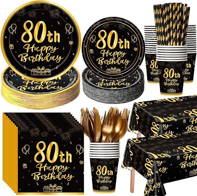 Funnymoom 452 Pcs 80th Birthday Party Decorations Set for Men Women, Black and Gold Happy 80th Birthday Paper Plates Napkins Cups Tablecloth Cutlery Straws Cheers to 80 Years Anniversary Party