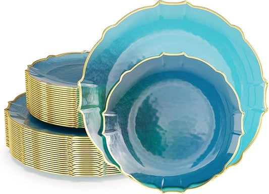 Exquisite Tinted Plates 80-Piece Plastic Disposable Party Set for 40 Guests - 40 X 7.5 Dessert Plates & 40 X 10 Thin Delicate Fancy Dinnerware with Peacock Gold Rim