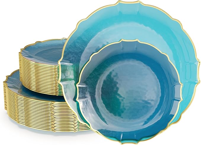 Exquisite Plastic Plates for Party 40 Piece Fancy Plastic Dinner Plates For 20 Guests 20 X 7.5 Dessert Plate & 20 X 10 Thin Delicate Disposable Dinnerware Charger Plate Peacock Gold Rim