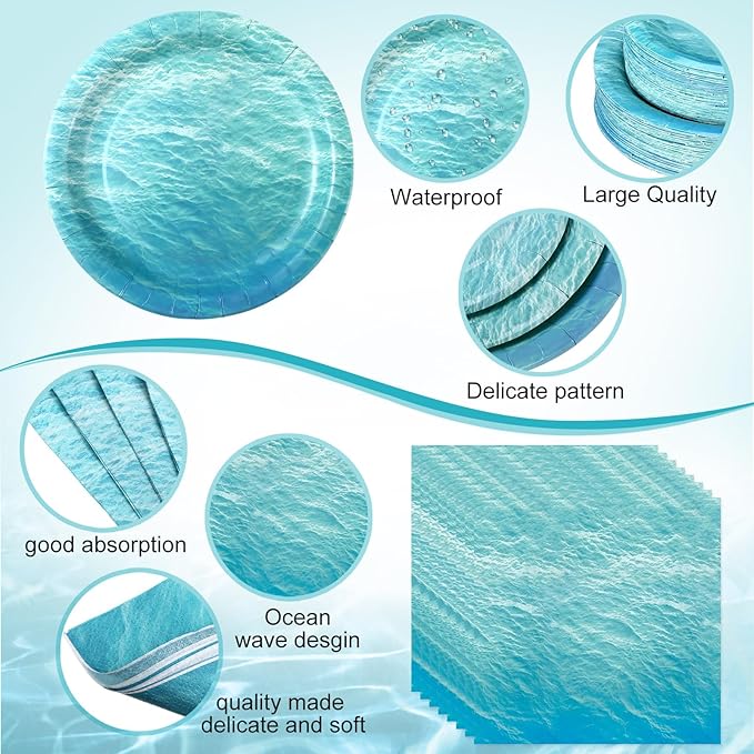 Funnymoom 452 Pcs Ocean Sea Birthday Party Decorations Include Ocean Waves Paper Plates Napkins Cups Tablecloth Cutlery Straws Sea Theme Party Supplies for Birthday Baby Shower