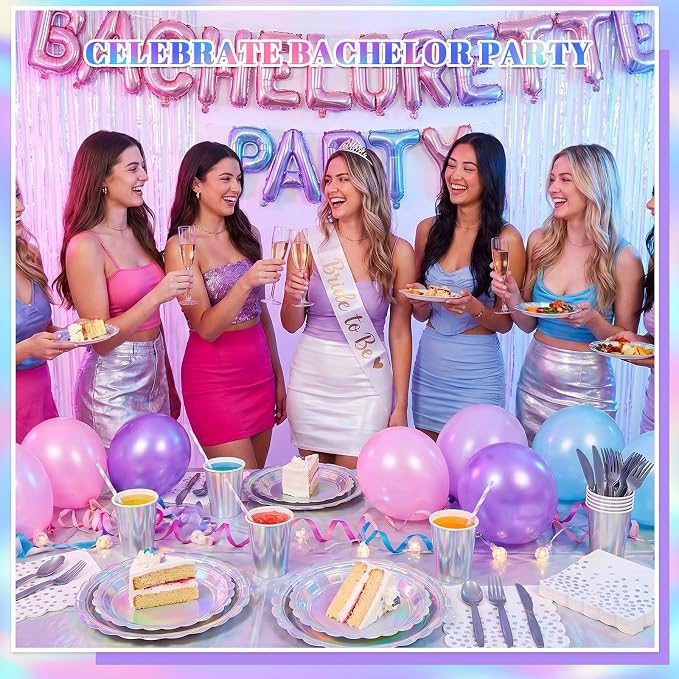 175 Pcs Iridescent Party Plates and Napkins, Iridescent Party Decorations Include Scalloped Holographic Paper Plates and Napkins Set for Birthday, Mermaid, Disco, Frozen