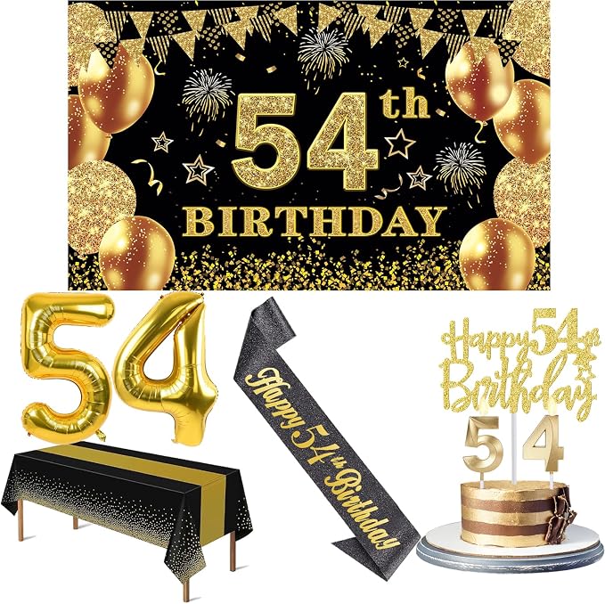54th Birthday Decorations Men Women with 54th Birthday Banner, Black and Gold Table Cloth, Number Balloons, Large Sash, Cake Topper and Candles