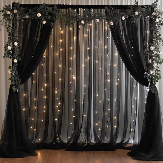 20x8ft Black Tulle Backdrop Curtain with Lights String for Parites, Sheer Photo Backdrop Curtains with Lights for Wedding Backdrop Ceremony Reception Bridal Shower Baby Shower Birthday Party