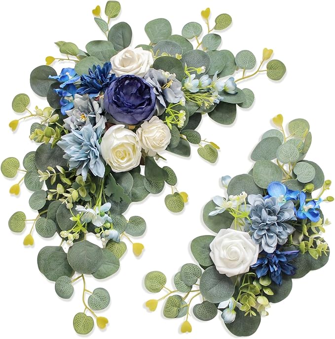 Odouzy Artificial Wedding Arch Flowers for Wedding Sign,Set of 2 for Wedding Welcome Ceremony Sign,Faux Floral Swags,Wedding, Banquet and Reception Backdrop Floral Decoration (Blue)