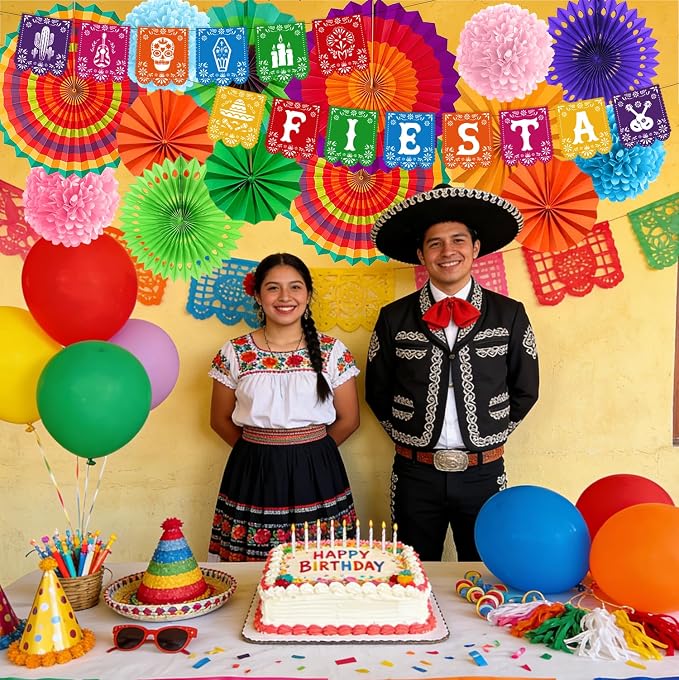 Rakuto Cinco De Mayo Party Decorations, 16PCS Mexican Taco Theme Banners with Paper Fans Birthday Decorations, Fiesta Paper Pom Poms Decor Supplies