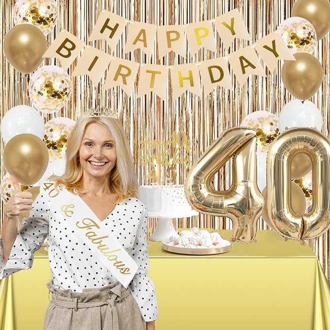 Trgowaul 40th Birthday Decorations for Women, Banner, Sash and Crown, Cake Topper, 40 Number Balloon, Fringe Curtains, Champagne Gold 40th Birthday Party Supplies