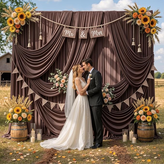 30ftx12ft Brown Backdrop Curtains for Parties, Wrinkle Free Polyester Brown Photo Backdrop Drapes 6 Panels 12 ft Long Back Drop Cloth for Wedding Birthday Photography Background Party