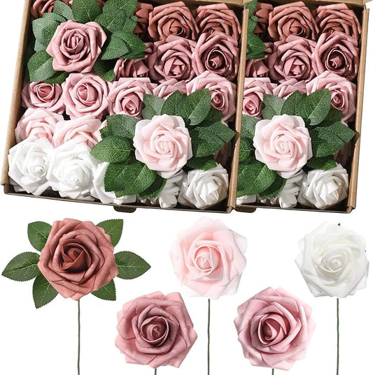50 Pcs Artificial Foam Rose Flower Faux Bouquet Wedding Fake Rose Gift for Mother's Day Women DIY Bridal Shower Party Table Birthday Home Spring Decor (Shades of Dusty Pink)