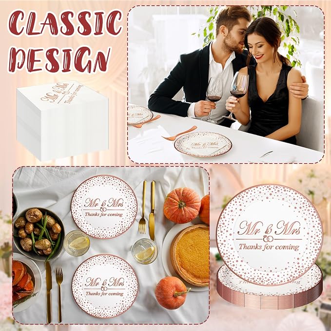 150 Pcs Bridal Shower Rose Gold Party Supplies Napkins Plates Forks Tableware Disposable Dinnerware Set for Bridal Shower Wedding Engagement Bachelorette Party Decorations (Mr and Mrs Style)