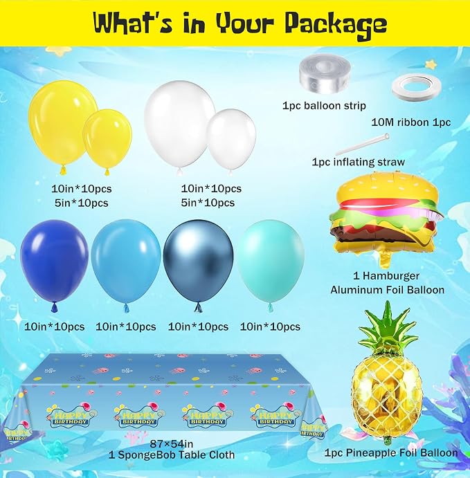 Yellow Happy Birthday Party Decorations Set-Ocean Cartoon Theme Set Including Balloons, Backdrop, Banner, Tablecloth, Hanging Swirls, Cake Cupcake Toppers Birthday Party Decor Supplies for Boys girl