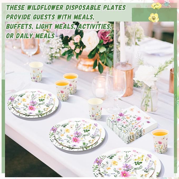 Ziliny 250 Pcs Wildflower Party Decorations Include Spring Summer Floral Paper Plates Napkins and Cups for Wildflower Baby Shower Tea Decorations, Serve 50 Guest(Watercolor,Fresh Style)
