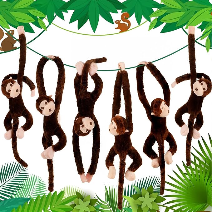 Hungdao 6 Packs Hanging Monkey Stuffed Jungle Animal Toy with Hook and Loop Jungle Party Hanging Plush Monkey for VBS Sunday School Classroom Party Decorations (24 Inch,Dark Brown)