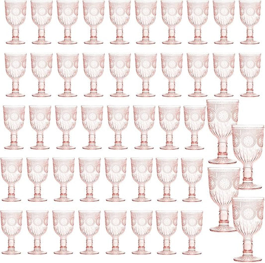 Pink 48 Pack Vintage Wine Glasses, Plastic Reusable 12 Ounce Colored Water Goblets, Unique Flower Embossed Pattern Unbreakable Stemmed Wine Glasses High Clear Wedding Party Bar Drinking Cups