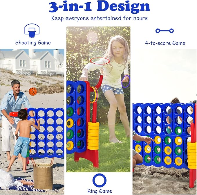 Costzon Giant 4-in-A-Row, Jumbo 4-to-Score Giant Game w/Basketball Hoop, Ring Toss, Quick-Release Slider, 42 Jumbo Rings, Indoor Outdoor Family Connect Game for Kids & Adults, Backyard Games, Red