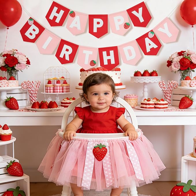 Felt Pink Red Happy Birthday Banner Birthday Decorations for Women Girls Boys Men Pets Handmade Party Backdrop
