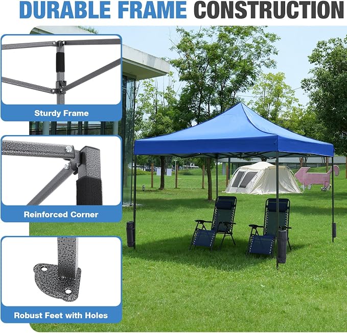 OLIXIS 10x10 FT Pop Up Canopy Tent, Sun Shade Instant Canopy with Windproof Sand Bags, Heavy Duty Portable Outdoor Shelter for Beach Yard Party Events, Royal Blue