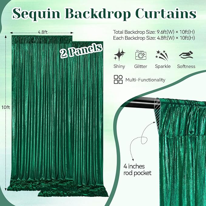 Green Sequin Backdrop Curtains 9.6x10ft - Photography Backdrops with Non-Shedding Glitter Wrinkle-Free Stage Drapes for Wedding Christmas Studio Shoots (4.8x10ft 2 Panels)