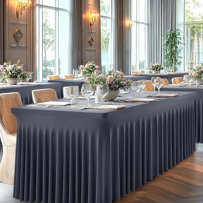 1 Pack Grey Table Clothes for 8 Foot Rectangle Tables, One-Piece Wrinkle Resistant Stretch Spandex Table Covers with Skirt for Event Banquet Wedding Birthday Party