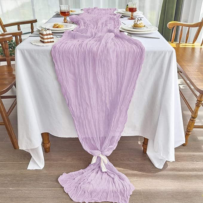 IVAPUPU 4 Pcs Cheesecloth Table Runner - 10ft Lilac Purple Lavender Boho Gauze Cheese Cloth Table Runners for Baby Shower Decorations Wedding Party Summer Garden Decor