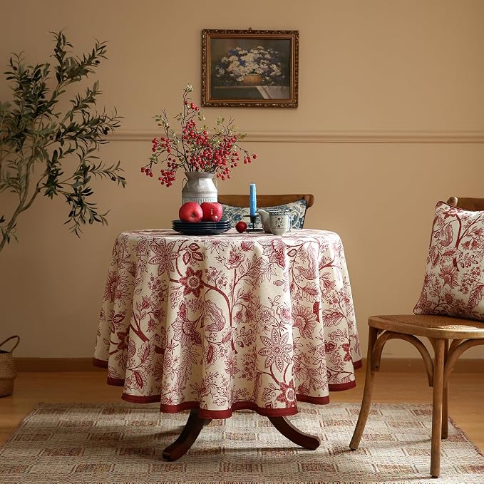ISAENNE Designer French Linen Round Tablecloth,Diameter 55"-Ruyi A | Vintage Elegant Table Cloth for Round Table,Red Floral Pattern,Decoration,Heavyweight,Dining Room,Kitchen,Thanksgiving