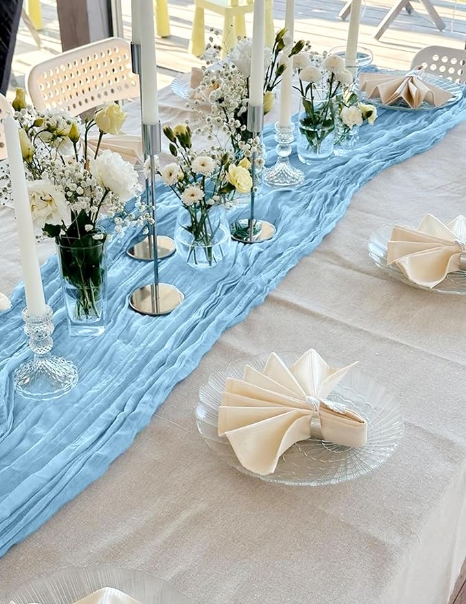 8 Pack Light Blue Cheesecloth Table Runner 10FT Baby Blue Boho Gauze Cheese Cloth Table Runner Rustic Sheer Fabric Table Runners for Wedding Bridal Shower Baby Shower Party(21.5×120 Inch)