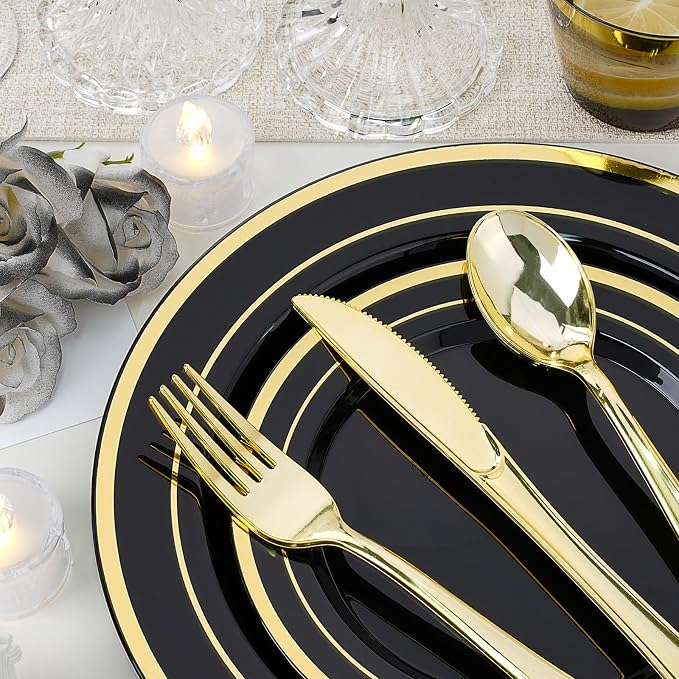 realluck 350 PCS Black Plastic Dinnerware Set for 50 Guests, 100 Disposable Plates for Party, 50 Pre Rolled Napkins with Gold Silverware, 50 Cups for Graduation