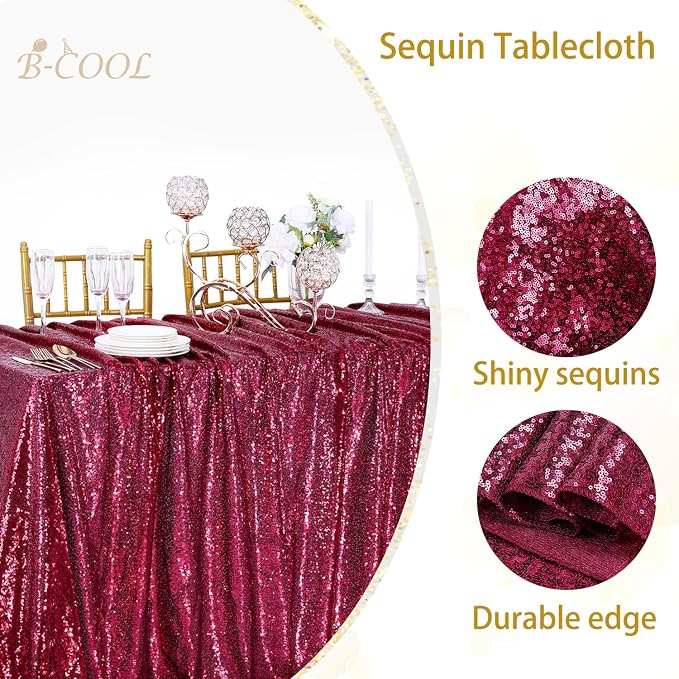 B-COOL Burgundy Sequin Tablecloth for Parties: Glitter Fabric 50x50 Inches Kitchen Linen for Square Head Centerpeices Party Decorations Christmas Decor