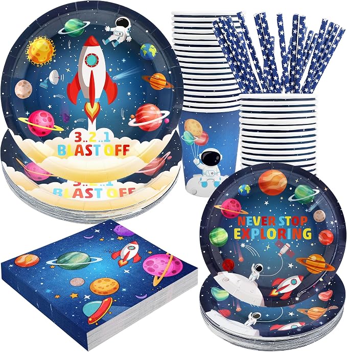 Recheel Space Birthday Party Supplies Decorations, Outer Space Theme Paper Plates and Napkins Set for 24 Guests, 120 Pcs Disposable Galaxy Party Dessert Dinnerware