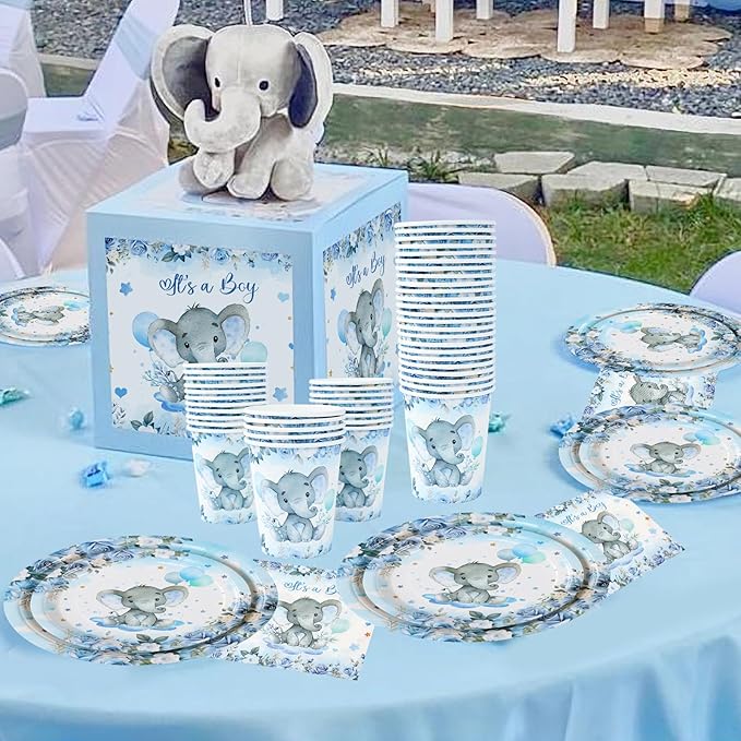 Boy Elephant Baby Shower Decorations Plates - Blue Elephant Plates Disposable Cups,Napkin with Blue flowers for 24 Elephant Theme Party Supplies,Baby Shower Wedding Birthday Party