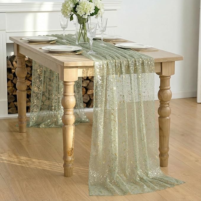 Artoid Mode Sage Green Gold Gauze Table Runner 59x120 Inch 10FT, Glitter Metallic Foil Sheer Dining Wedding Anniversary Holiday Birthday Table Decor for Home Party