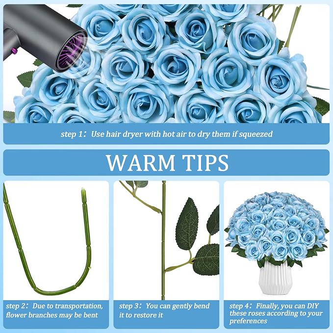 90pcs Fake Sky Blue Roses Artificial Flowers Bulk Realistic Silk Faux Rose with Stems for Wedding Decoration Anniversary Bridal Bouquet DIY Floral Arrangement Romantic Home Decor Gifts