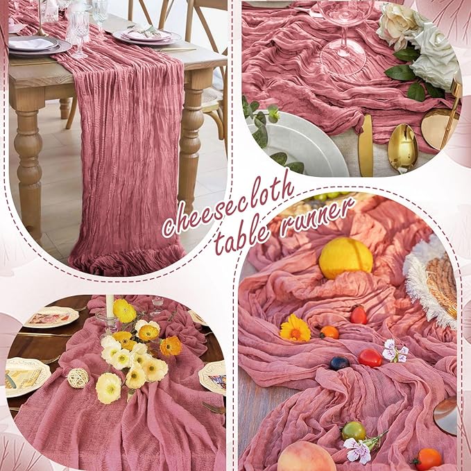 20 Pack Dusty Rose Cheesecloth Table Runner 10FT Long Boho Gauze Fabric Table Runner Vintage Rustic Sheer Runners for Wedding Party Bridal Baby Shower Table Decorations