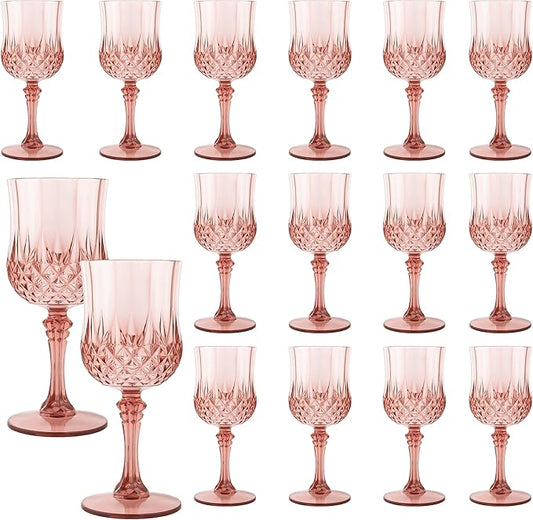 Plastic Wine Glasses, 10OZ Reusable Goblets Vintage Style Cordial Unbreakable Drinking Glasses for Wedding Reception, Grand Event Party Supplies (16, Rose Gold)