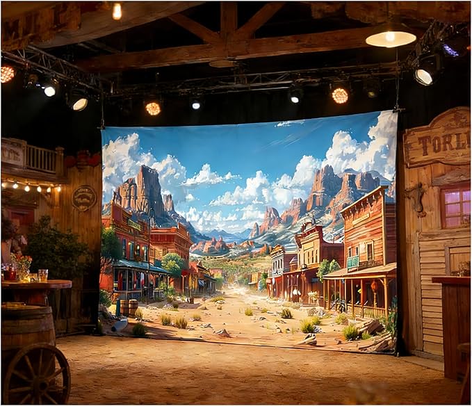 Western Backdrop 8x8ft for Western Party Decor&Photography | Thicker Vinyl Clear Image Cartoon Wild West Desert Cowboy Town for Large Western Theme Birthday Party Camping Wedding Decor