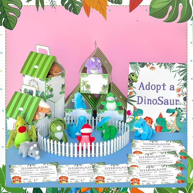 38 Pcs Adopt a Dinosaur Party Favors Include 12 Mini Dinosaur Stuffed Animals 12 Foldable House Gift Boxes 12 Adoption Card 1 Adoption Sign 1 Fence for Adopt A Pet Party Dino Birthday Supplies