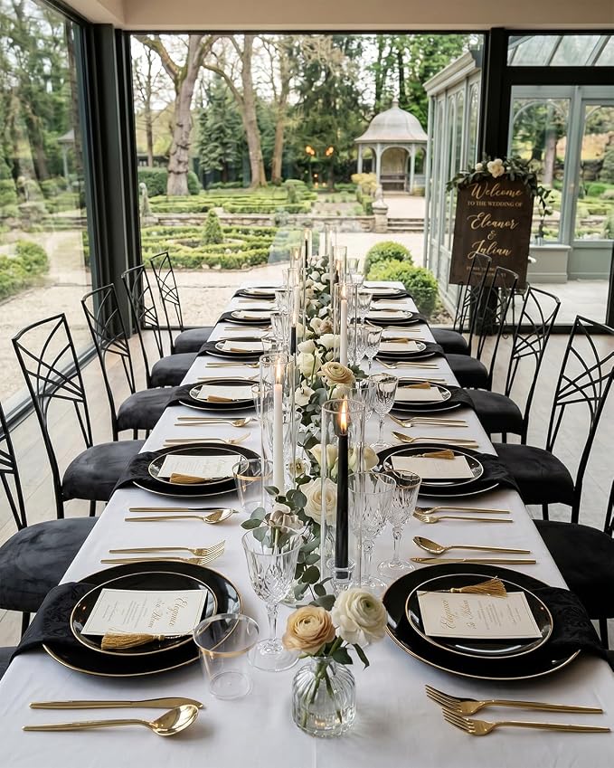 bUCLA 150PCS Black and Gold Plastic Plates - Black Gold Plastic Dinnerware Set Disposable - Include 25 Dinner / 25 Dessert Plates, 25 Knives, 25 Forks, 25 Spoons, 25 Cups, Ideal for Party & Graduation